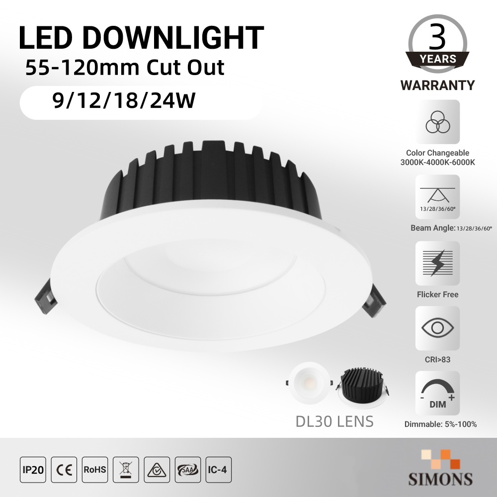DL30 Light IP20 Waterproof LED Downlight 9W 12w 18w 24W Recessed Ceiling Light for Outdoor Bathroom Hotel  Mall spotlight 90mm cutout