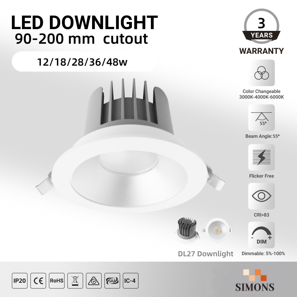 DL27 Color non flickering ceiling recessed downlight antiglare ip20 spotlight dimmable 12w 18w 28w 36w light emitting diode spotlight