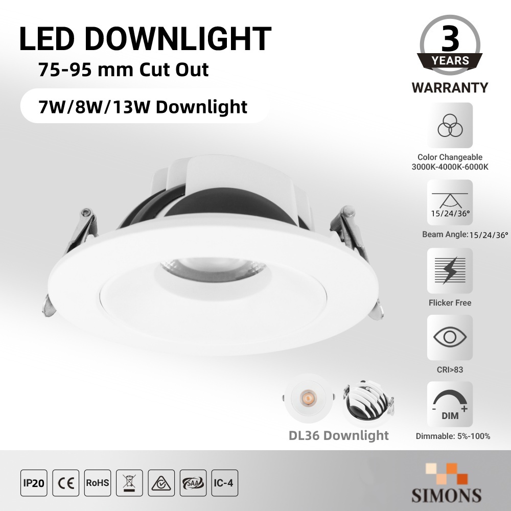 DL36 LED Downlight Adjustable Anti-glare Die-cast Aluminum High Efficiency SMD Slim Design 3CCT Switchable Embedded IP20 Down Light