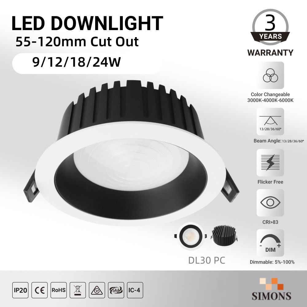 DL30B Light IP20 Waterproof Aluminum LED Downlight COB SAA 9W-24W Recessed Ceiling Spotlight 90mm Anti-Glare Indoor office hotel home