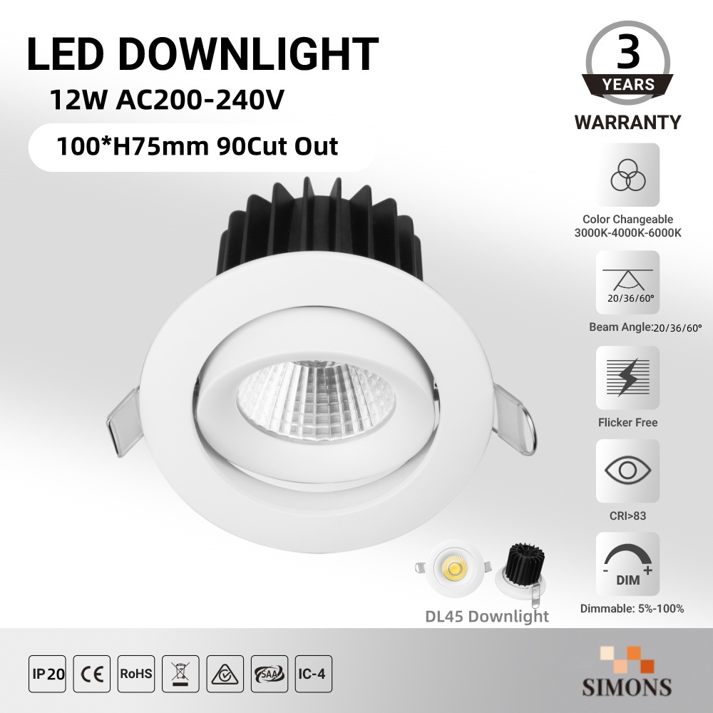 DL45 Led Downlight 12w saa ce Cob Open Hole 90mm Embedded High Color Rendering  Home Living Room home lamp Dimmable Spotlight lamp