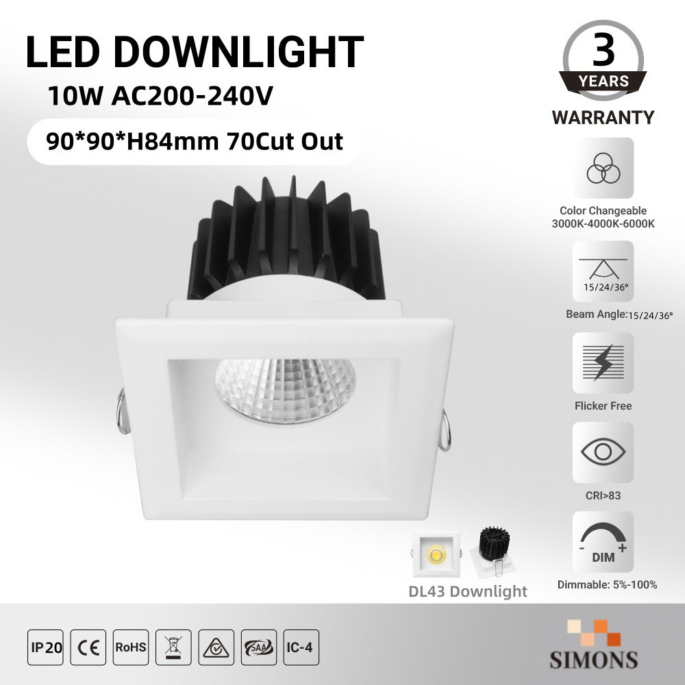 DL43 LED Downlight 10W White Cast Aluminum Body Adjustable Switching Square Spot Downlight Dimming Commercial Lighting Fixture lamp