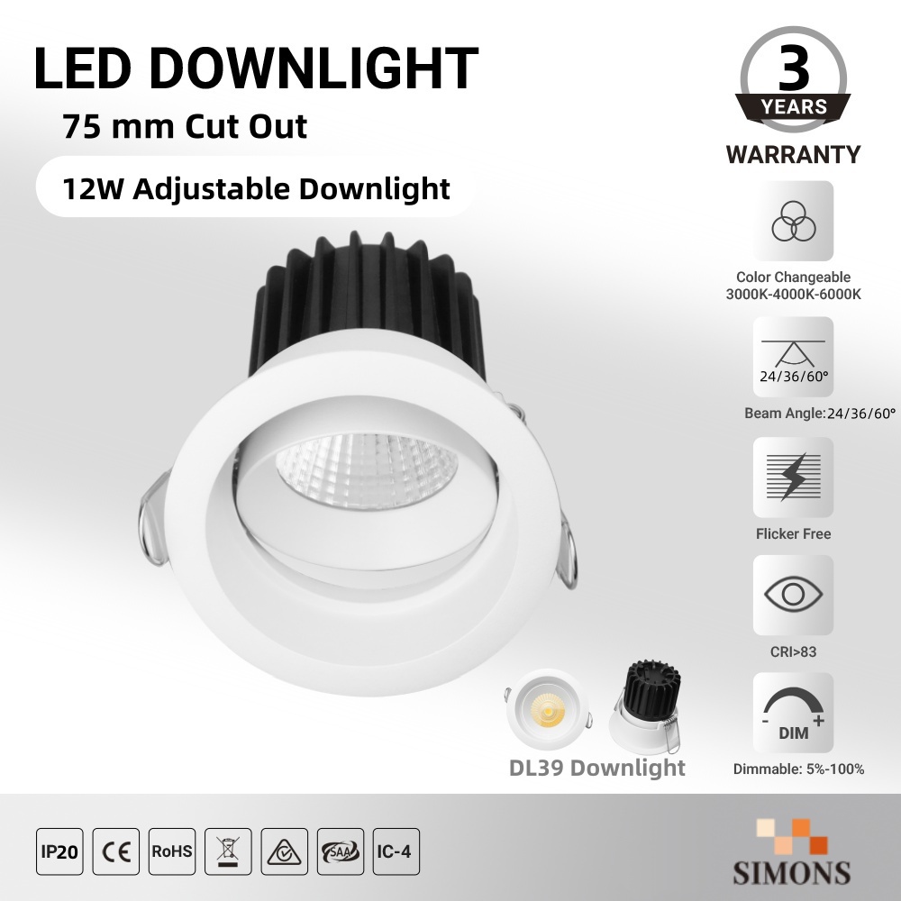 DL39 Hotel Exhibition Hall Engineering Lighting Down Light Dimmable Switchable 12 w 3 CCT CE Led Change Recessed Downlights Light ce