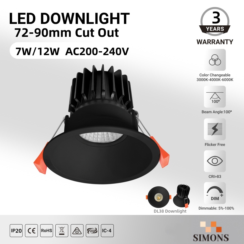 DL38 Dimmable Led Downlight black 7w 12W 220-240V COB ce Recessed Ceiling light Spotlight Aluminum Led Light Home Office Store Hotel
