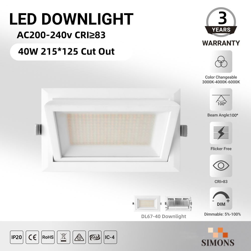 DL67 Flicker-Free LED Wall Washer Light 40W Ceiling Recessed LED Downlight Adjustable SMD Rectangular Recessed Downlight home hotel