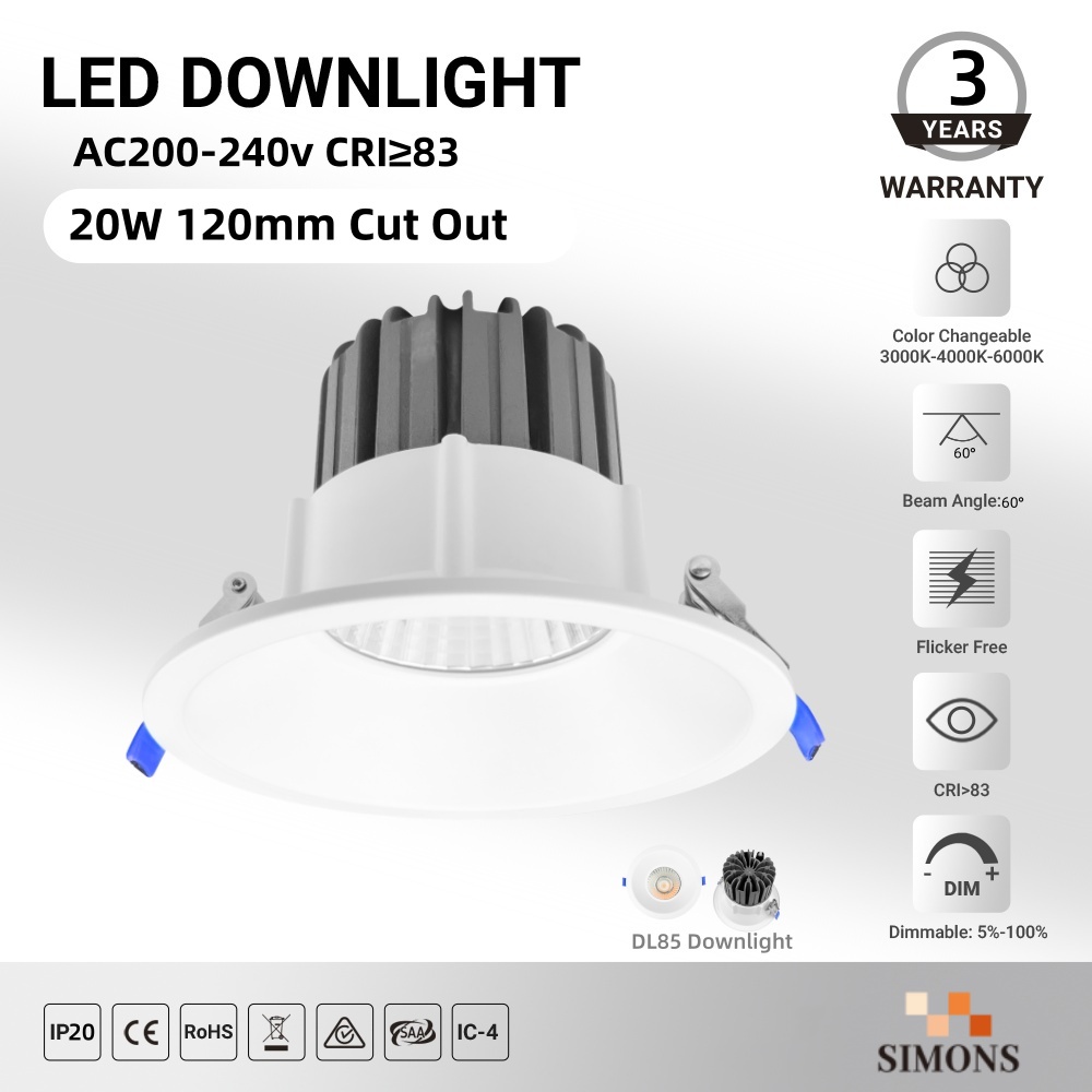 DL85 LED Downlight 20W COB SAA Ce Dimmable Recessed Wall Washer Hotel Projects Bedroom Spotlight Home lamp Down Light 120mm Antiglare