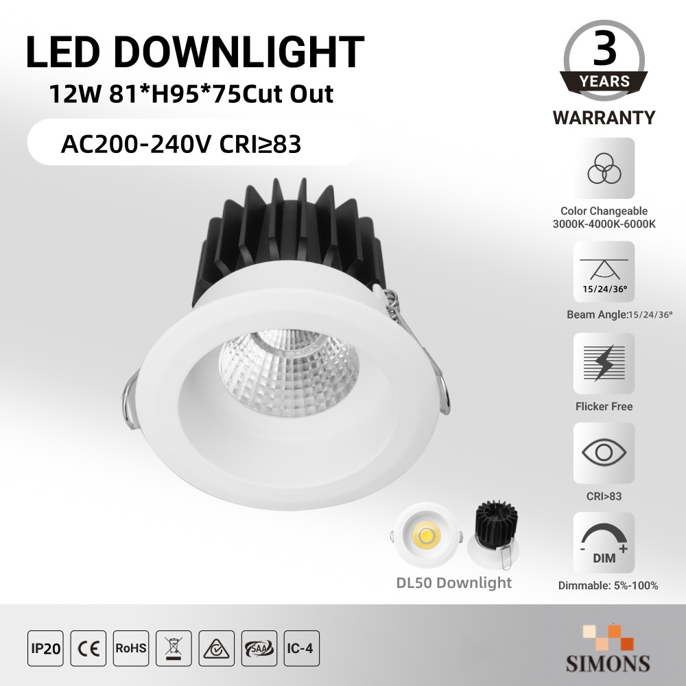 DL50  Led Downlight 12w saa Dimm bares Einbau down light Gewerbliche Decken beleuchtung lamp IP20 COB Blends Hotel Project Spotlight