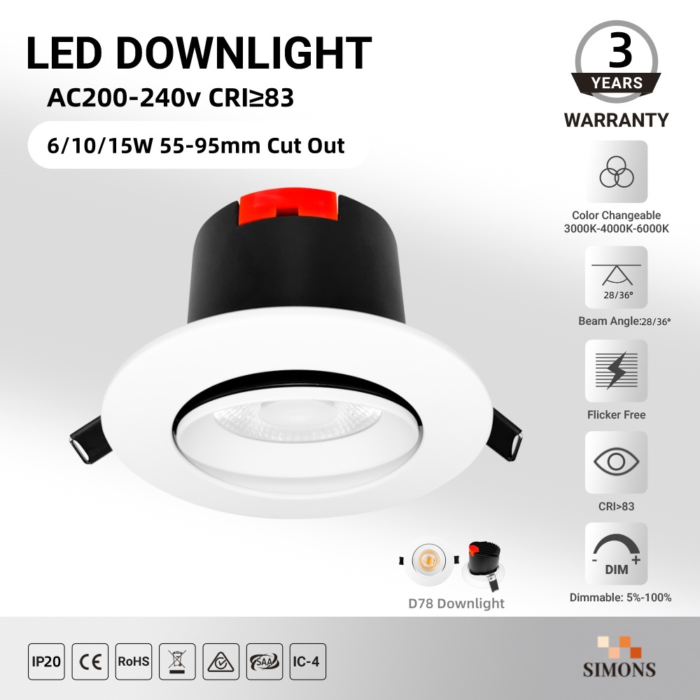 DL78 LED Downlight 6w 10w 15W COB CE Dimmable Recessed High-Brightness Recessed Downlight Bedroom Office Indoor Lighting Anti-Glare