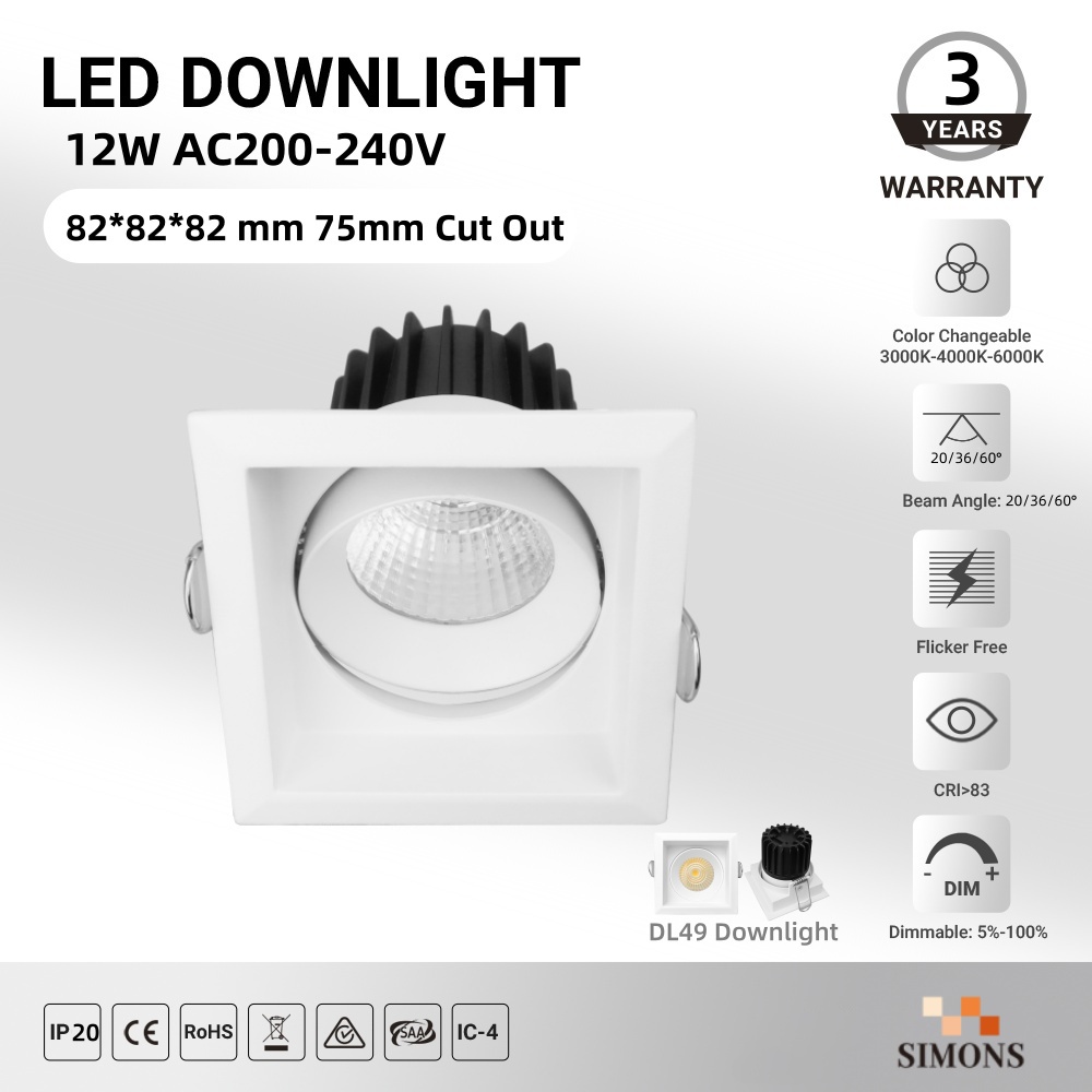DL49 LED Downlight Home Illumination CE ISO Standard Adjustable 3CCT Dimming Recessed Down Light Aluminum square LED Lens Down Light