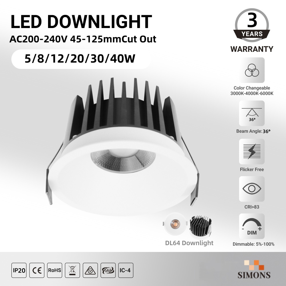 DL64 Led Downlight 5w-40w saa IP20 COB home Hotel Project Spotlight Indoor Commercial Lighting Recessed Modern Glare-Free Spotlights