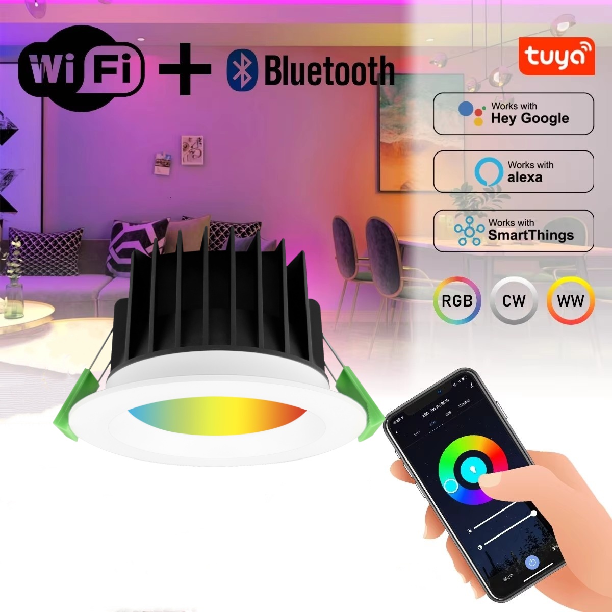 DL41-TY Smart Home Light Wifi Zigbee Bluetooth Control Dimmable spotlight IP54 APP Voice Control RGB+CW Recessed Smart LED Downlight saa