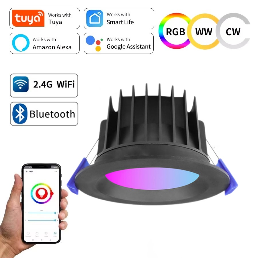 DL41-TY  Black Smart Home Light Wifi Zigbee Bluetooth Control Dimmable spotlight IP54 APP Voice Control RGB+CW Recessed Smart LED Downlight saa