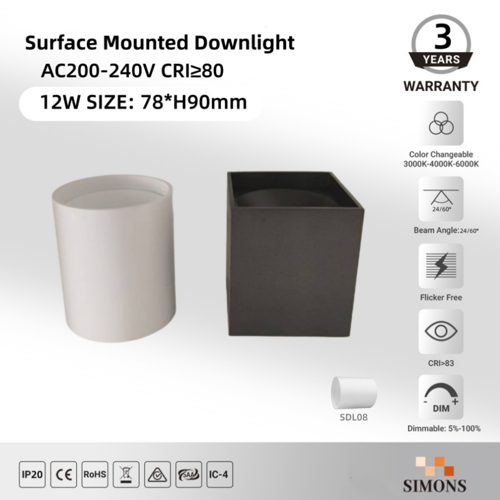 SDL08 Surface Mounted Downlight 12W Indoor Ceiling LED Downlight Hotel Home Lamp Office COB Aluminum Downlight Saa Ce led  Light