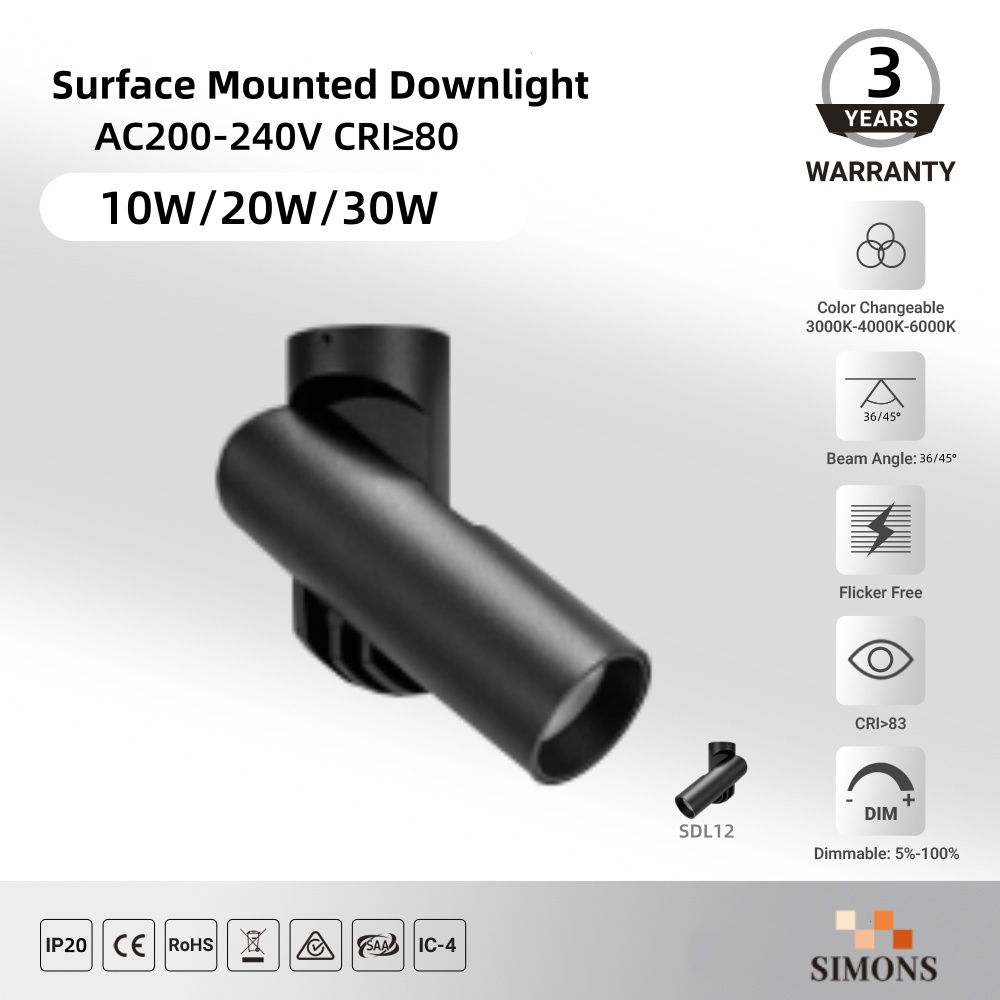 SDL12 Surface Mounted Downlight 10W 20W 30W Indoor Ceiling-Mounted LED Downlight Hotel Office COB Adjustable Aluminum Downlight IP20