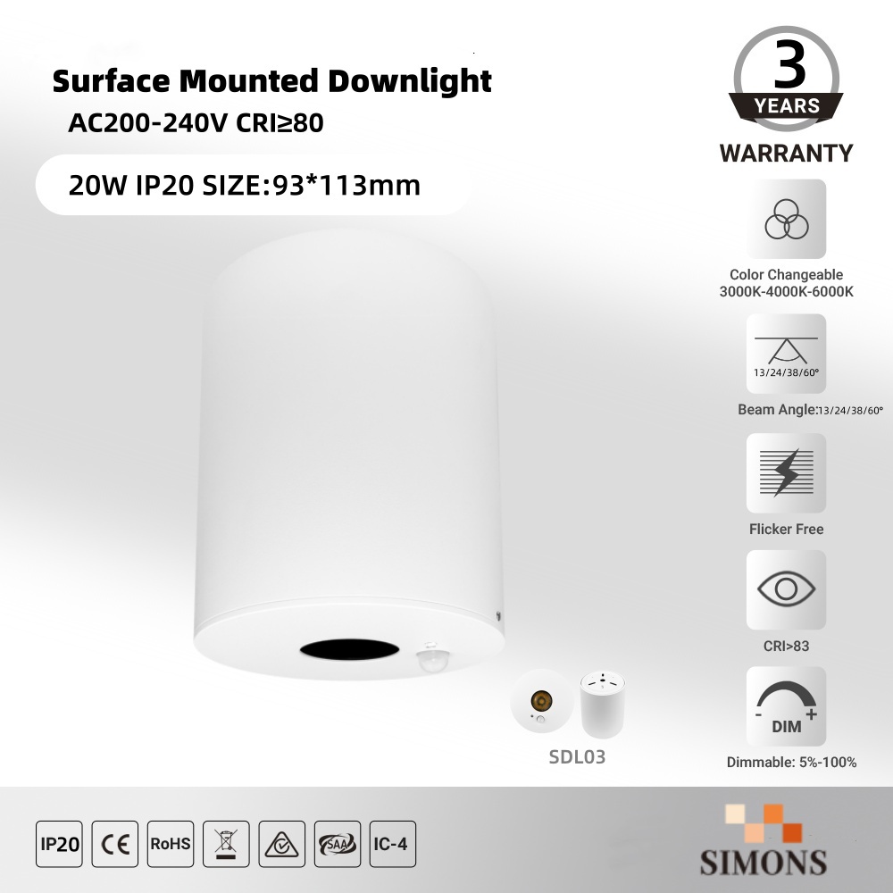 SDL03 Surface-Mounted Recessed Light Sensor Aluminum Spotlight 20W Indoor Ceiling-Mounted LED Recessed Light Office-Use COB Spotlight