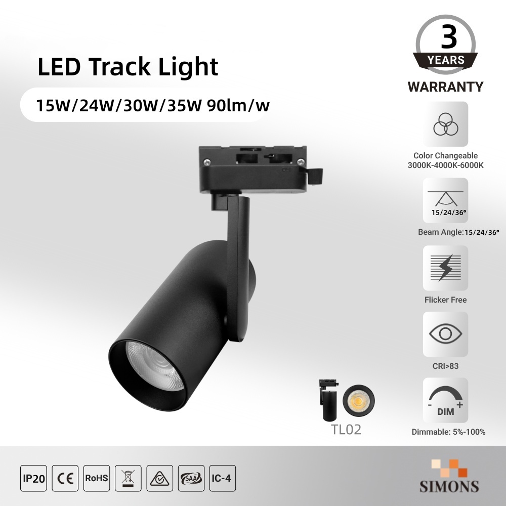 TL02 Black LED COB Track Spotlight 15w 24w 30w 35w Rotatable Anti-Glare Modern Rail Light Mall Supermarket Triac Dimmable AC200-220V