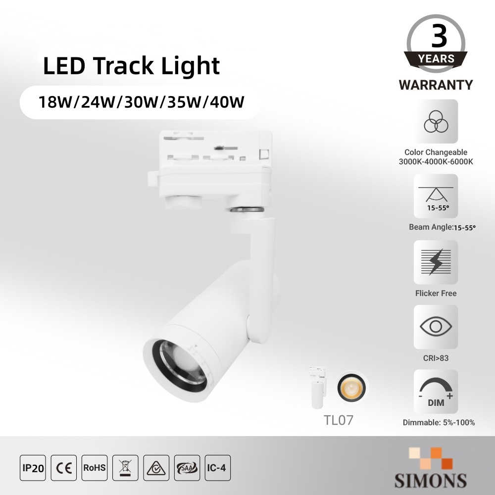 TL07 LED Track Light Commercial Track Spotlights Adjustable-Focus COB Aluminum 30W 40W Surface-Mounted Track Lighting Hotels Museums