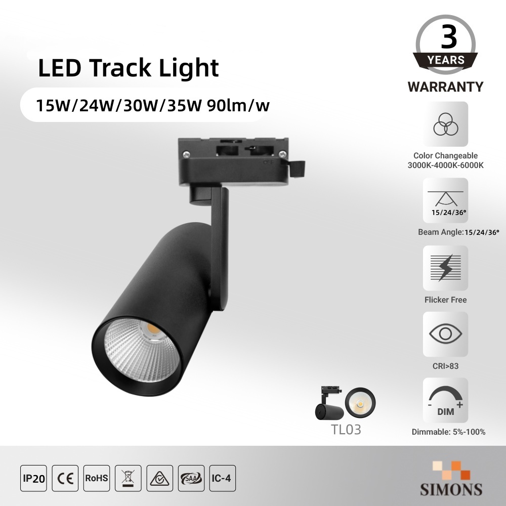TL03  Black LED Track Spotlight 15W/24W/30W/35W COB Rotatable Anti-Glare Modern Rail Light Mall Supermarket Dimmable LED Track Light